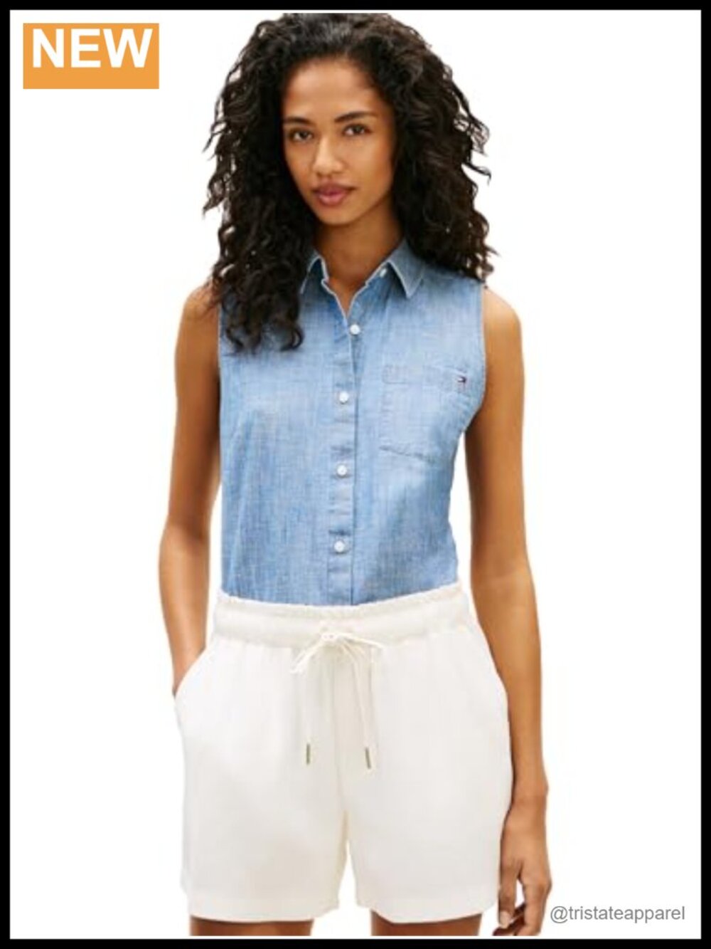 Lightweight Cotton Chambray Sleeveless Button Down Shirt Denim Blouse for Women